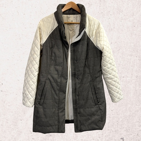 Prana White and Gray Puffer Jacket with Quilted Sleeves - Picture 1 of 4